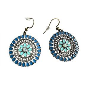 Boho Antique Gold and Blue Round Floral Drop Earrings